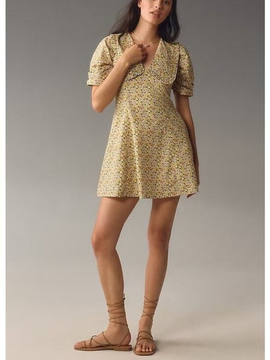 Anthropologie Dresses & Skirts - Anthropologie Womens Size 14 Collared Floral Mini Dress Yellow Puff Sleeve
